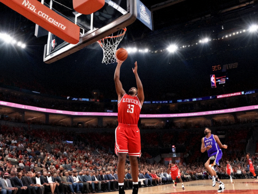 NBA篮球比赛现场球员突破上篮画面，展示雷速篮球比赛赛况